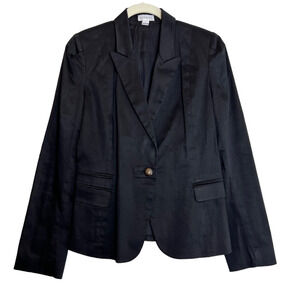 Monteau Womens Short Blazer Large Black One Button Lined Crest Buttons